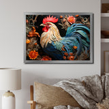 Blue Rooster With Orange Flowers - Rooster Canvas Wall Art