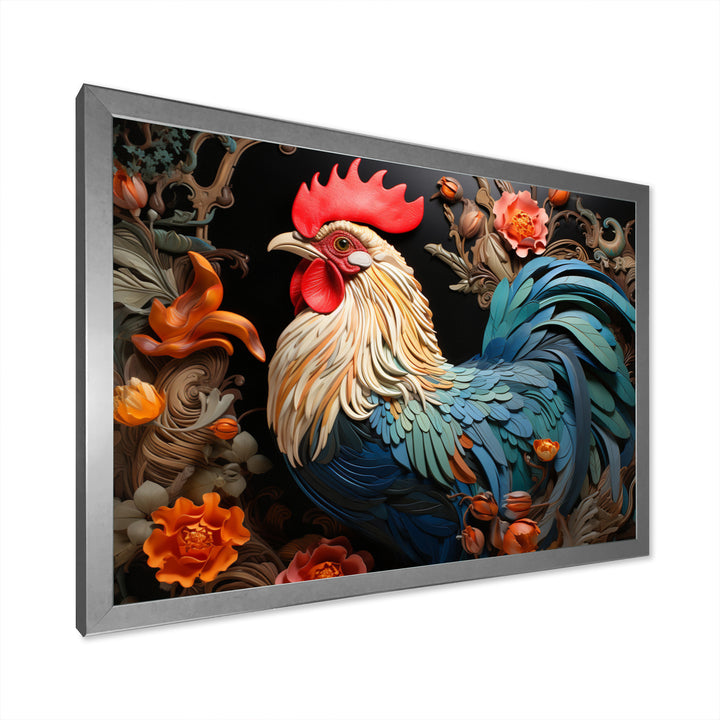 Blue Rooster With Orange Flowers - Rooster Canvas Wall Art