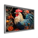 Blue Rooster With Orange Flowers - Rooster Canvas Wall Art