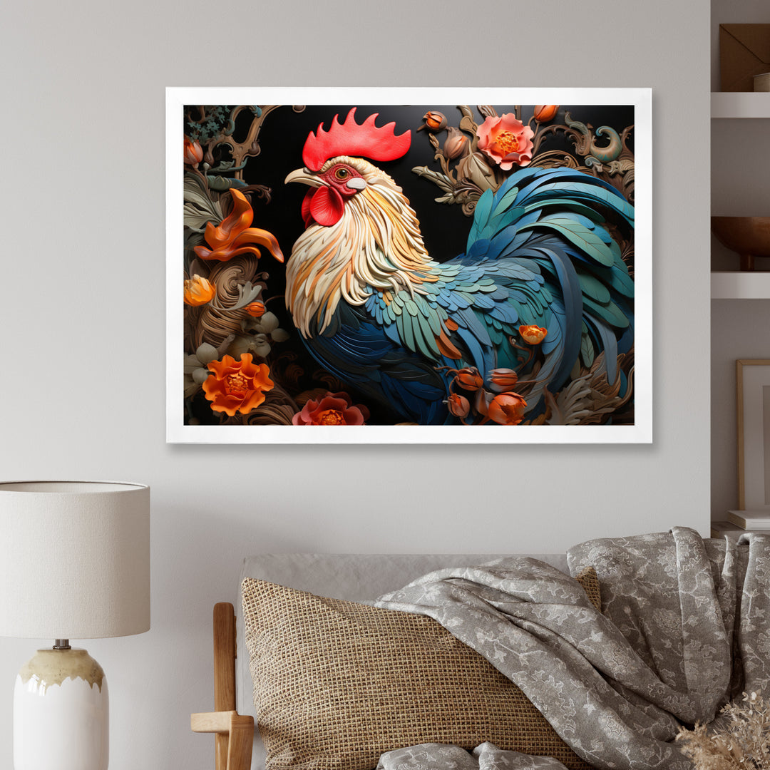 Blue Rooster With Orange Flowers - Rooster Canvas Wall Art