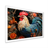 Blue Rooster With Orange Flowers - Rooster Canvas Wall Art