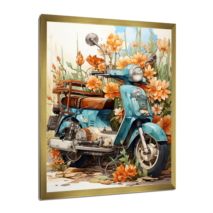 Turquoise Scooter Coastal Flowers - Scooter Canvas Wall Art