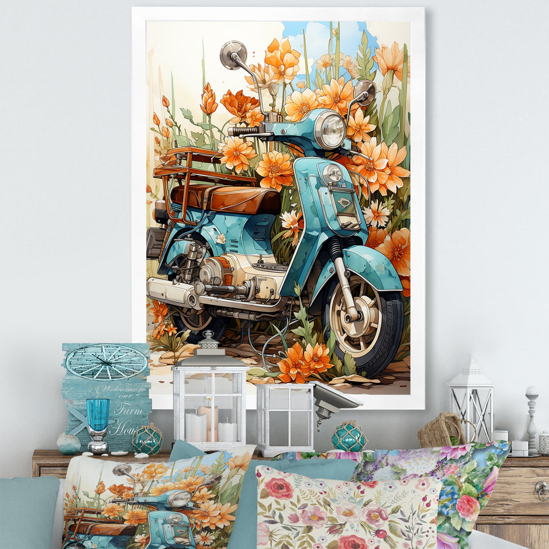 Turquoise Scooter Coastal Flowers - Scooter Canvas Wall Art