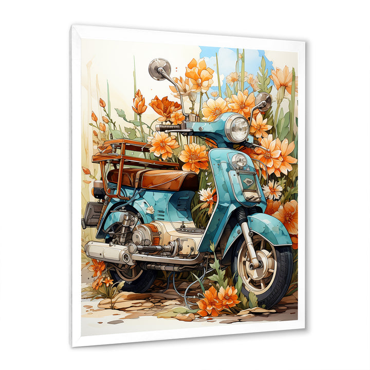 Turquoise Scooter Coastal Flowers - Scooter Canvas Wall Art