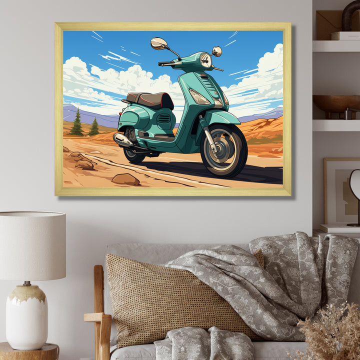 Scooter Retro In Desert Landscape - Scooter Canvas Wall Art