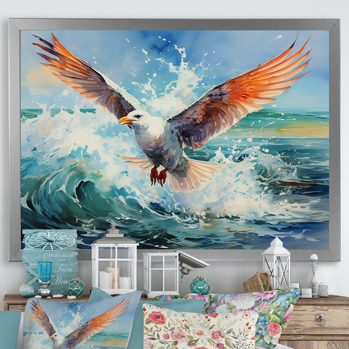 Seagulls Dance Pointillism Over Sea - Seagull Wall Decor