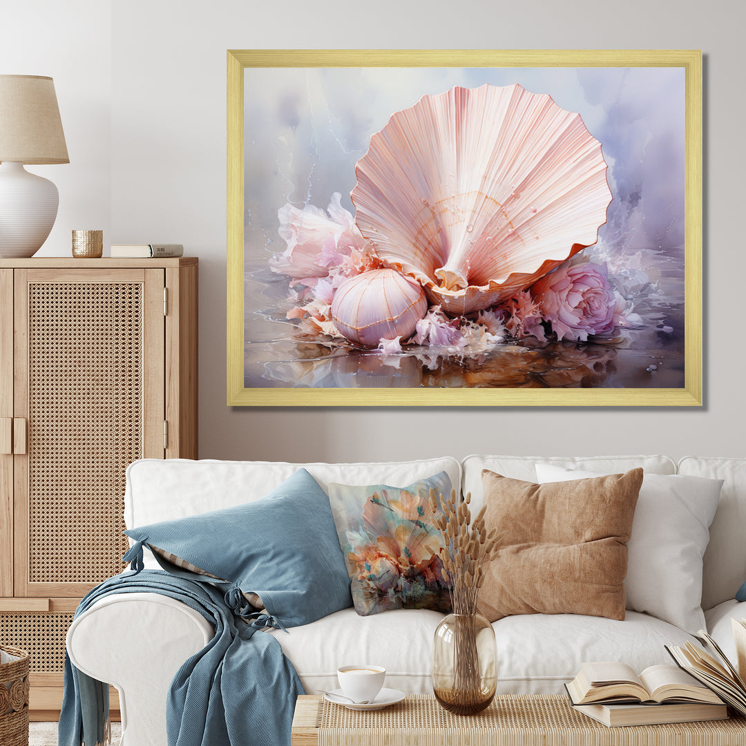 Pink Seashell Serenity - Seashell Framed Canvas Art