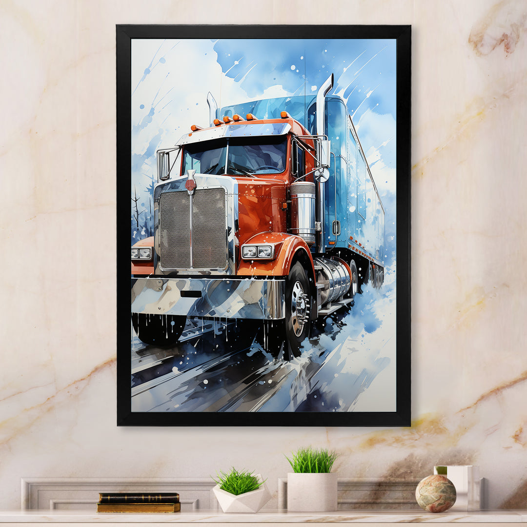 Red Semi Truck In Winter I - Truck Canvas Wall Art