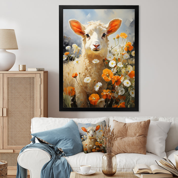 Sheep In Daisies - Sheep Framed Canvas Art
