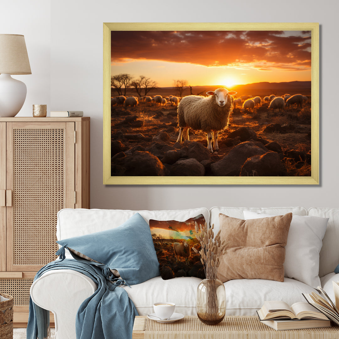 Sheep Silhouette At Sunrise - Sheep Large Canvas Wall Art