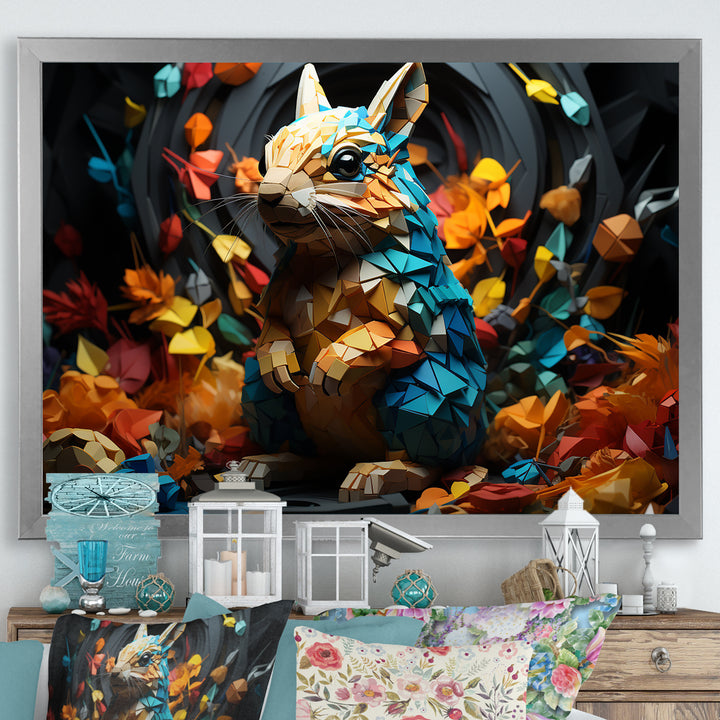 Colorful Squirrel Squirrels Antics Geometric - Squirrel Framed Canvas Art