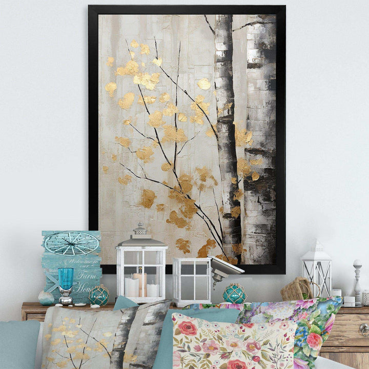 Tree Whispers Of Gray And Gold - Floral Canvas Wall Art