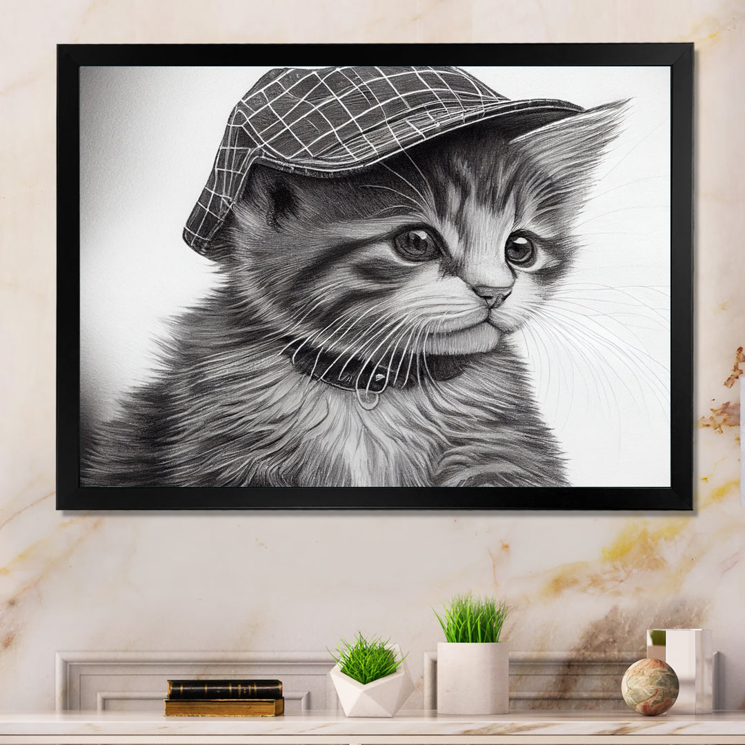 Monochrome Digital Drawing Of Little Kitten - Cat Living Room Wall Art