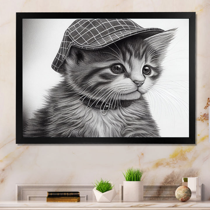 Monochrome Digital Drawing Of Little Kitten - Cat Living Room Wall Art