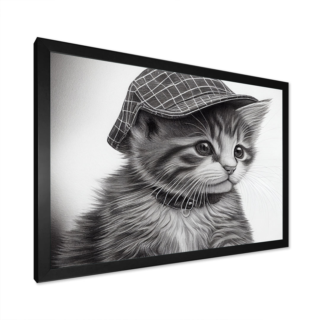 Monochrome Digital Drawing Of Little Kitten - Cat Living Room Wall Art