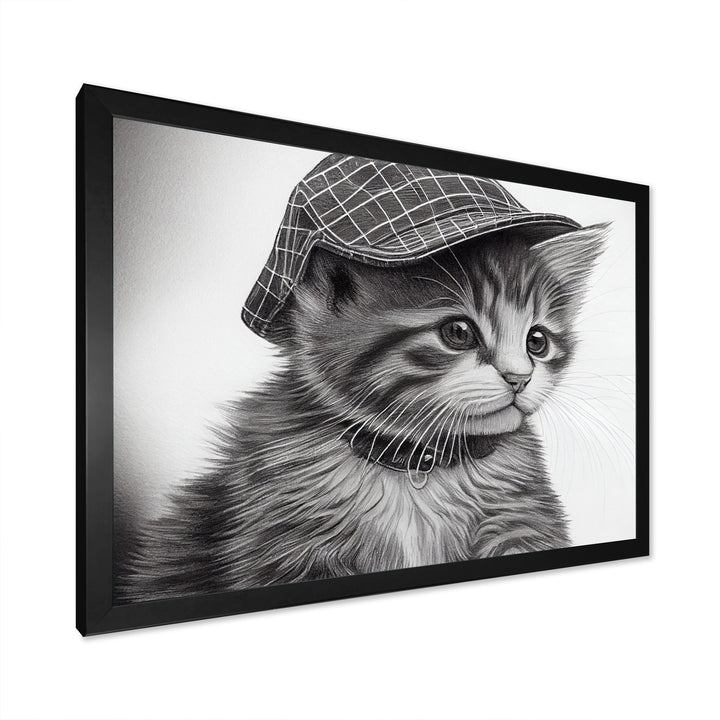 Monochrome Digital Drawing Of Little Kitten - Cat Living Room Wall Art