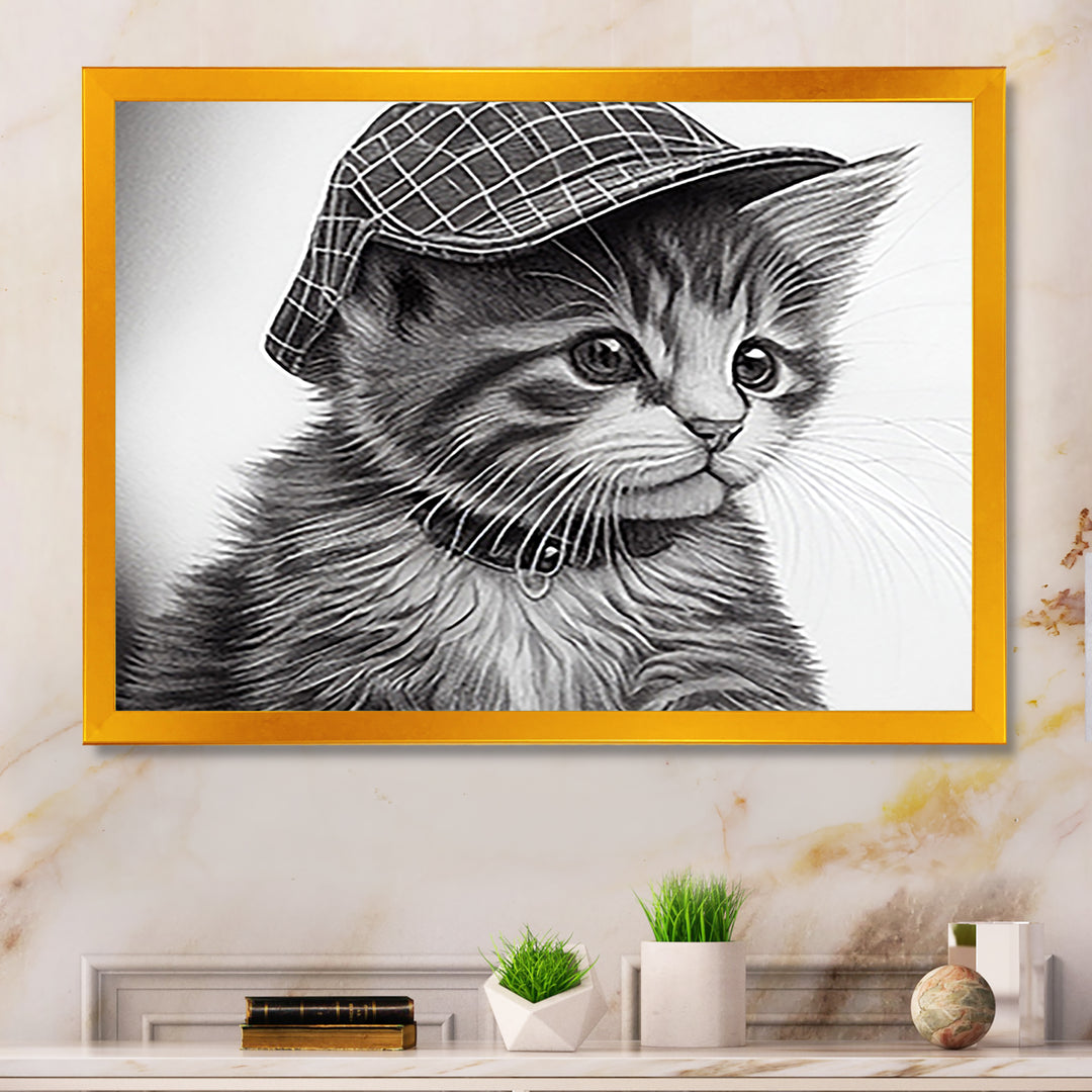 Monochrome Digital Drawing Of Little Kitten - Cat Living Room Wall Art