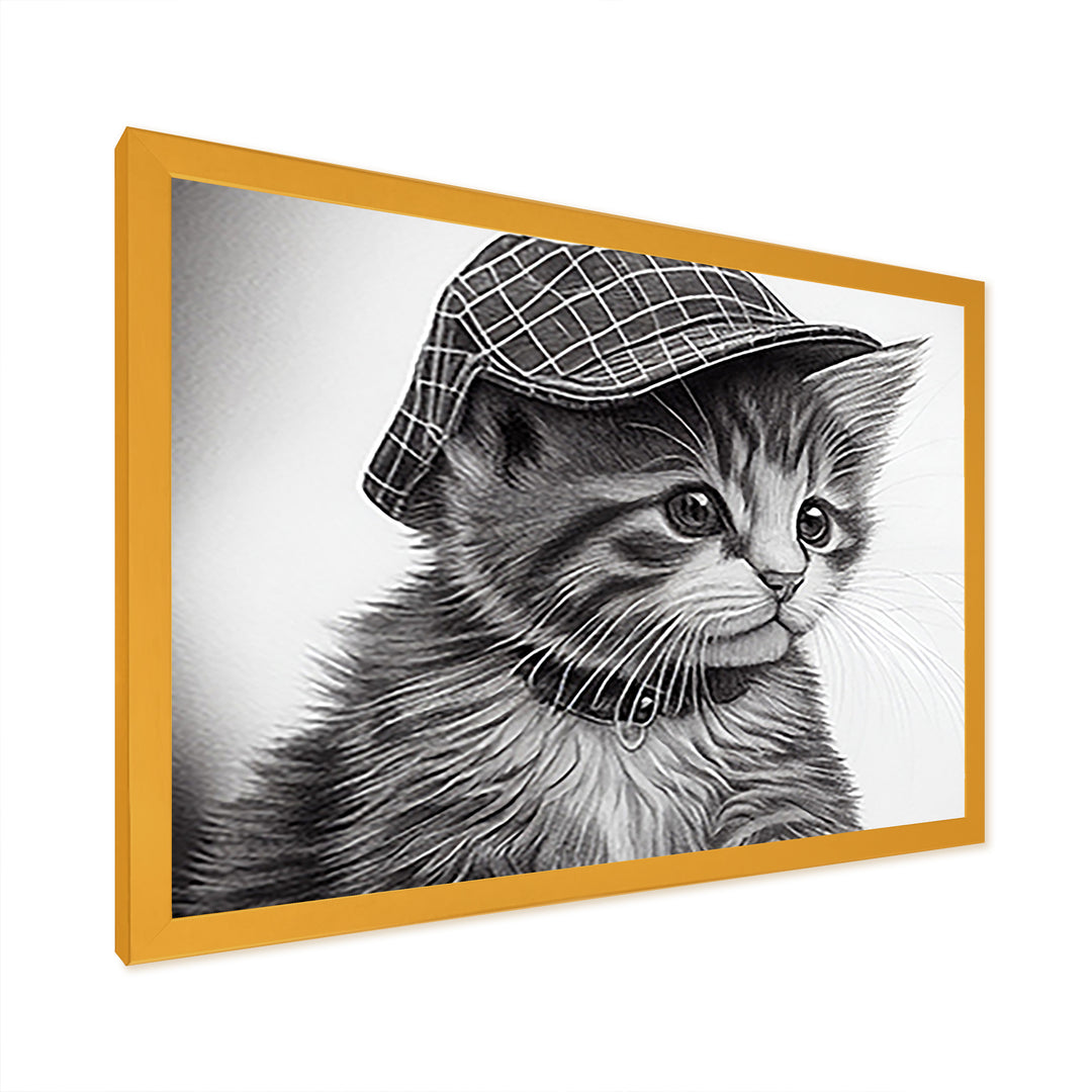 Monochrome Digital Drawing Of Little Kitten - Cat Living Room Wall Art