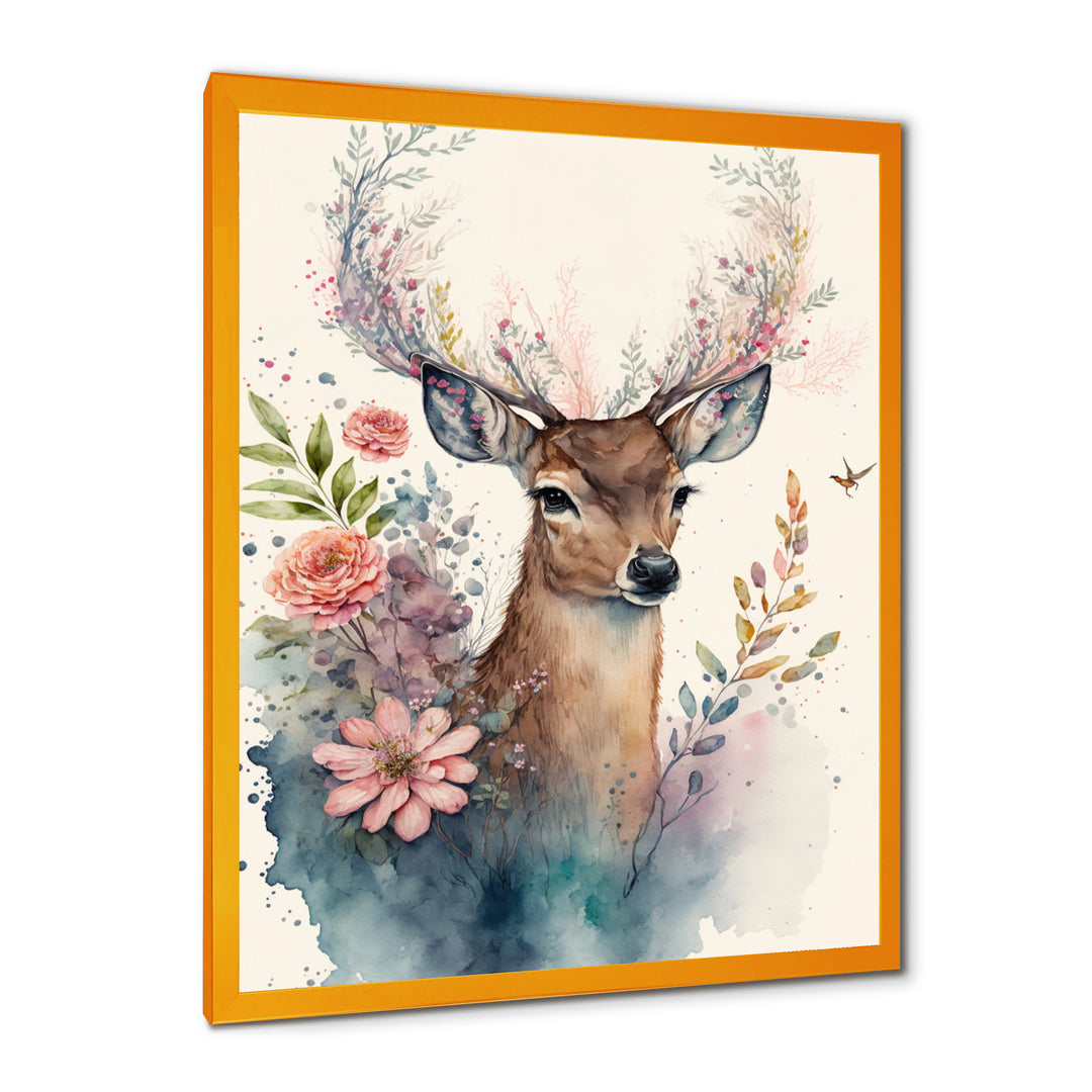 Cute Little Deer With Pink Flowers - Deer Canvas Wall Art