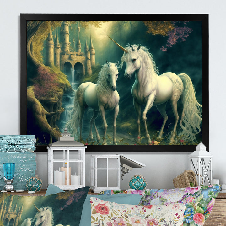Two Gracious Unicorn In Fantasy Landscape - White Horse Wall Art