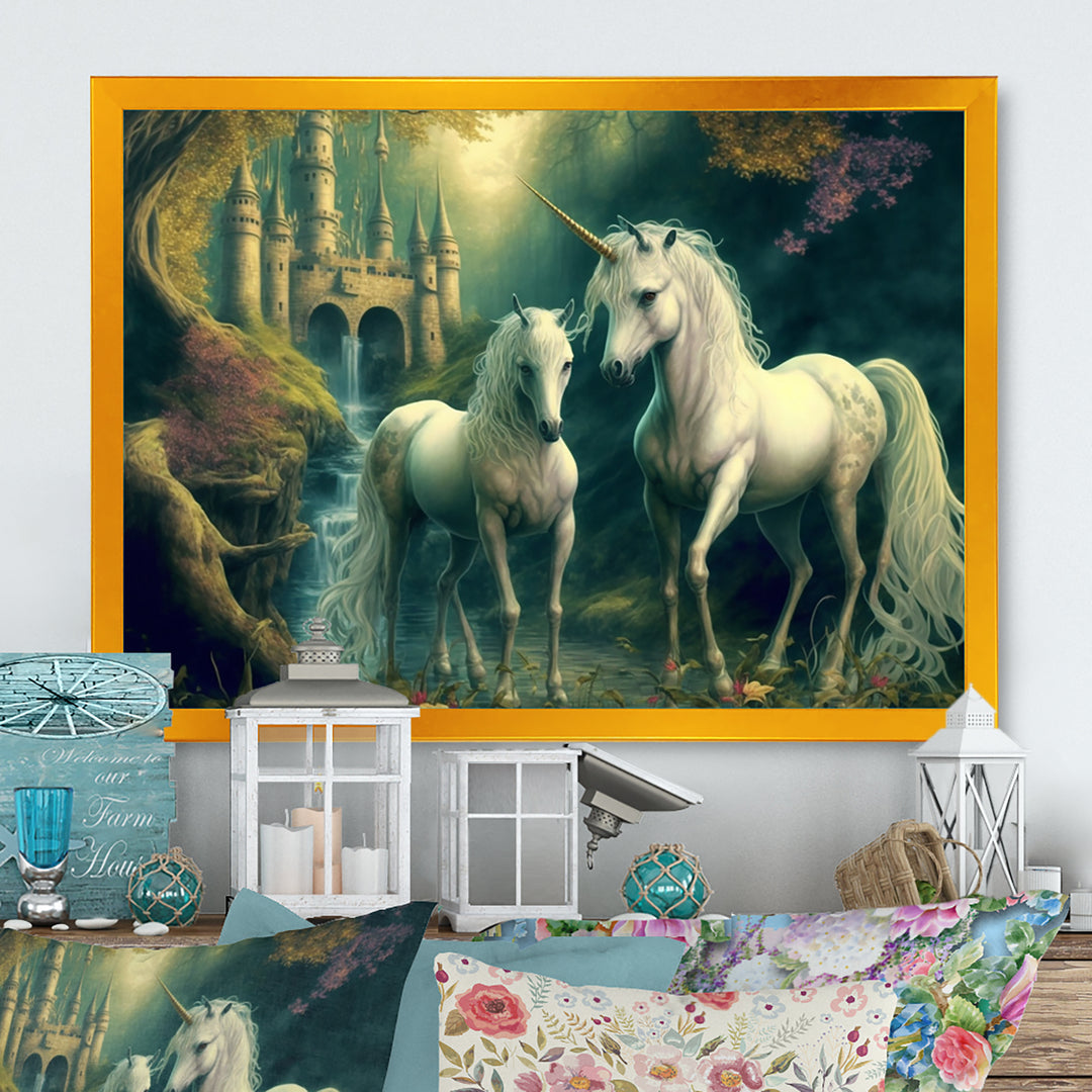 Two Gracious Unicorn In Fantasy Landscape - White Horse Wall Art