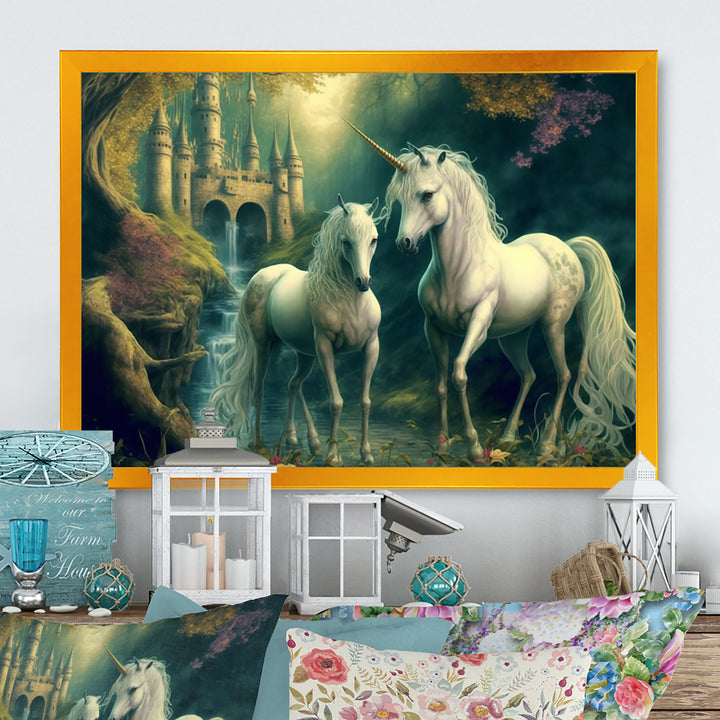 Two Gracious Unicorn In Fantasy Landscape - White Horse Wall Art