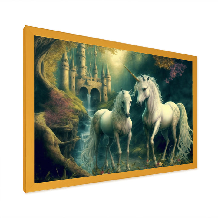 Two Gracious Unicorn In Fantasy Landscape - White Horse Wall Art