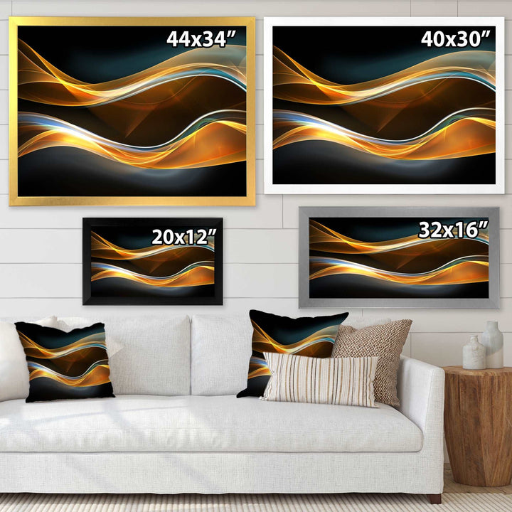 3D Gold Waves in Black Framed Print Matte White - 1.5" Width
