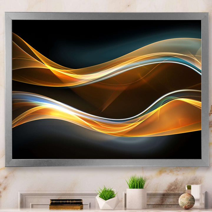 3D Gold Waves in Black Framed Print Matte White - 1.5" Width
