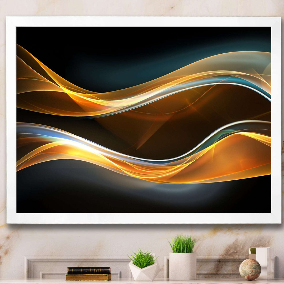 3D Gold Waves in Black Framed Print Matte White - 1.5" Width
