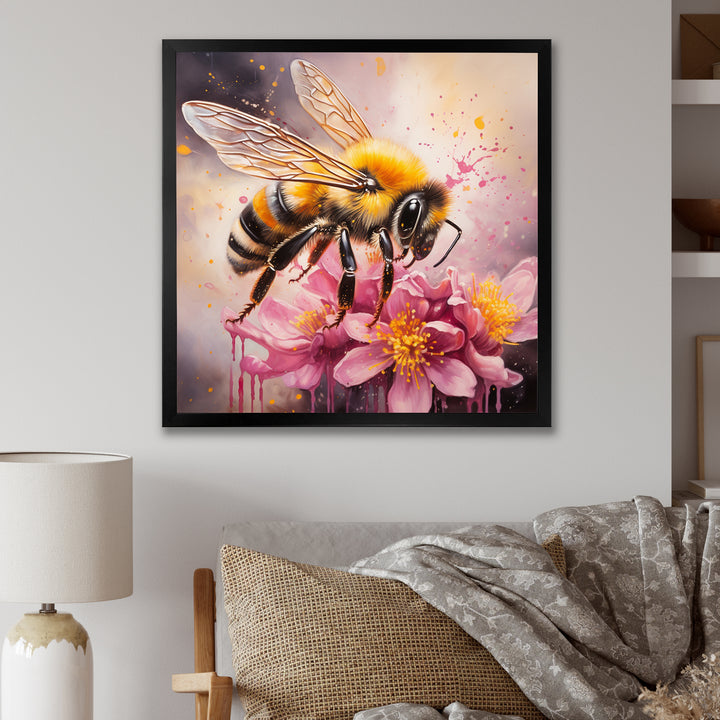 Bumble Bee On Pink Flower Painting - Bee Canvas Wall Art