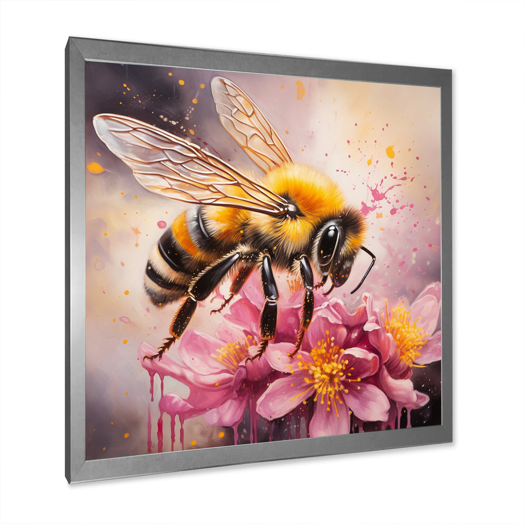 Bumble Bee On Pink Flower Painting - Bee Canvas Wall Art