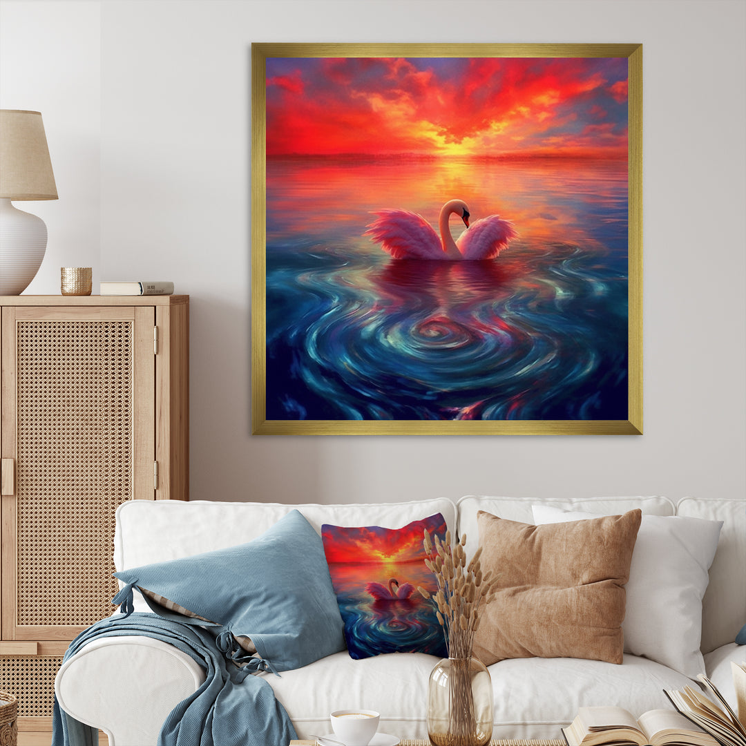 Pink Swan Reflection At Majestic Sunset - Yellow Swans Wall Art