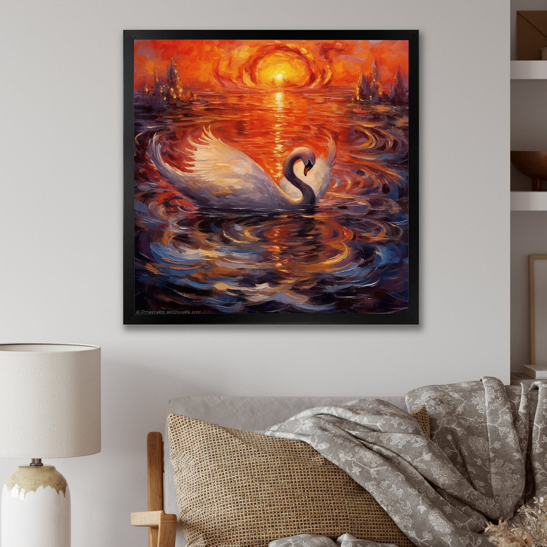 White Swan At Majestic Sunset - Swans Framed Canvas Art
