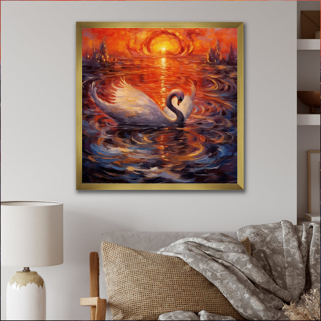 White Swan At Majestic Sunset - Swans Framed Canvas Art