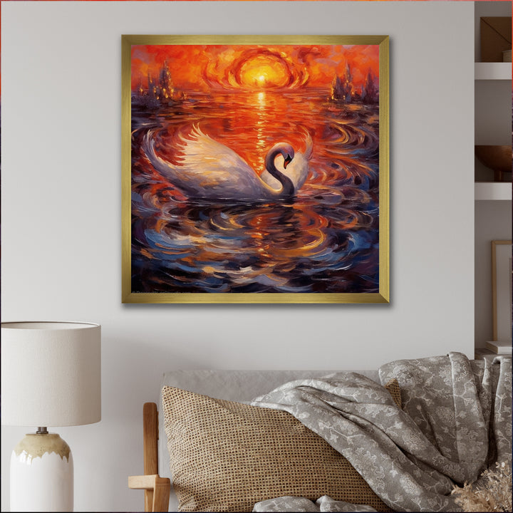White Swan At Majestic Sunset - Swans Framed Canvas Art