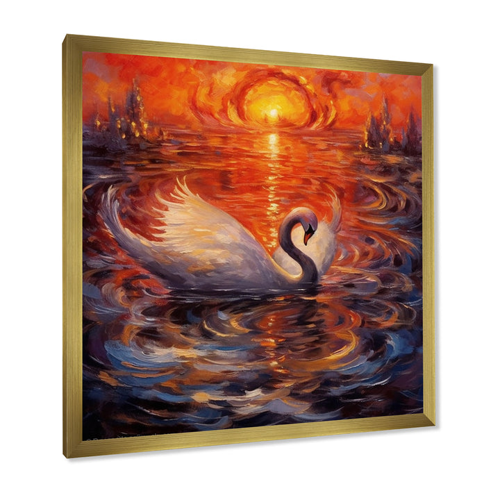 White Swan At Majestic Sunset - Swans Framed Canvas Art