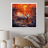 White Swan At Majestic Sunset - Swans Framed Canvas Art