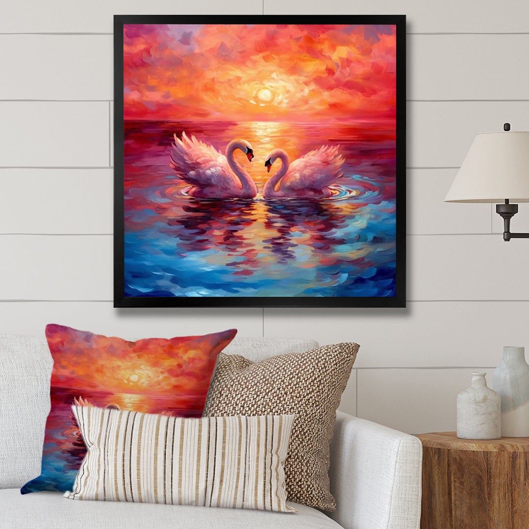 Swans In Love Reflection At Majestic Sunset - Swans Large Canvas Wall Art