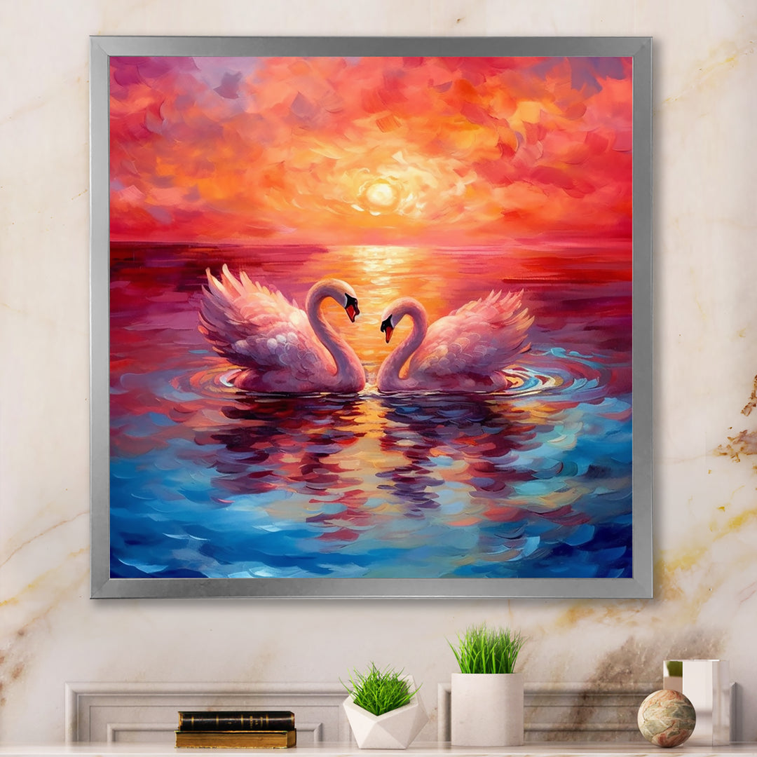 Swans In Love Reflection At Majestic Sunset - Swans Large Canvas Wall Art