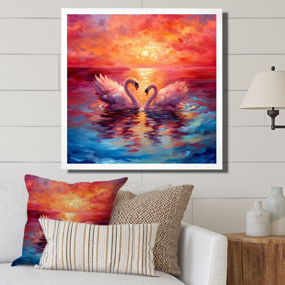 Swans In Love Reflection At Majestic Sunset - Swans Large Canvas Wall Art
