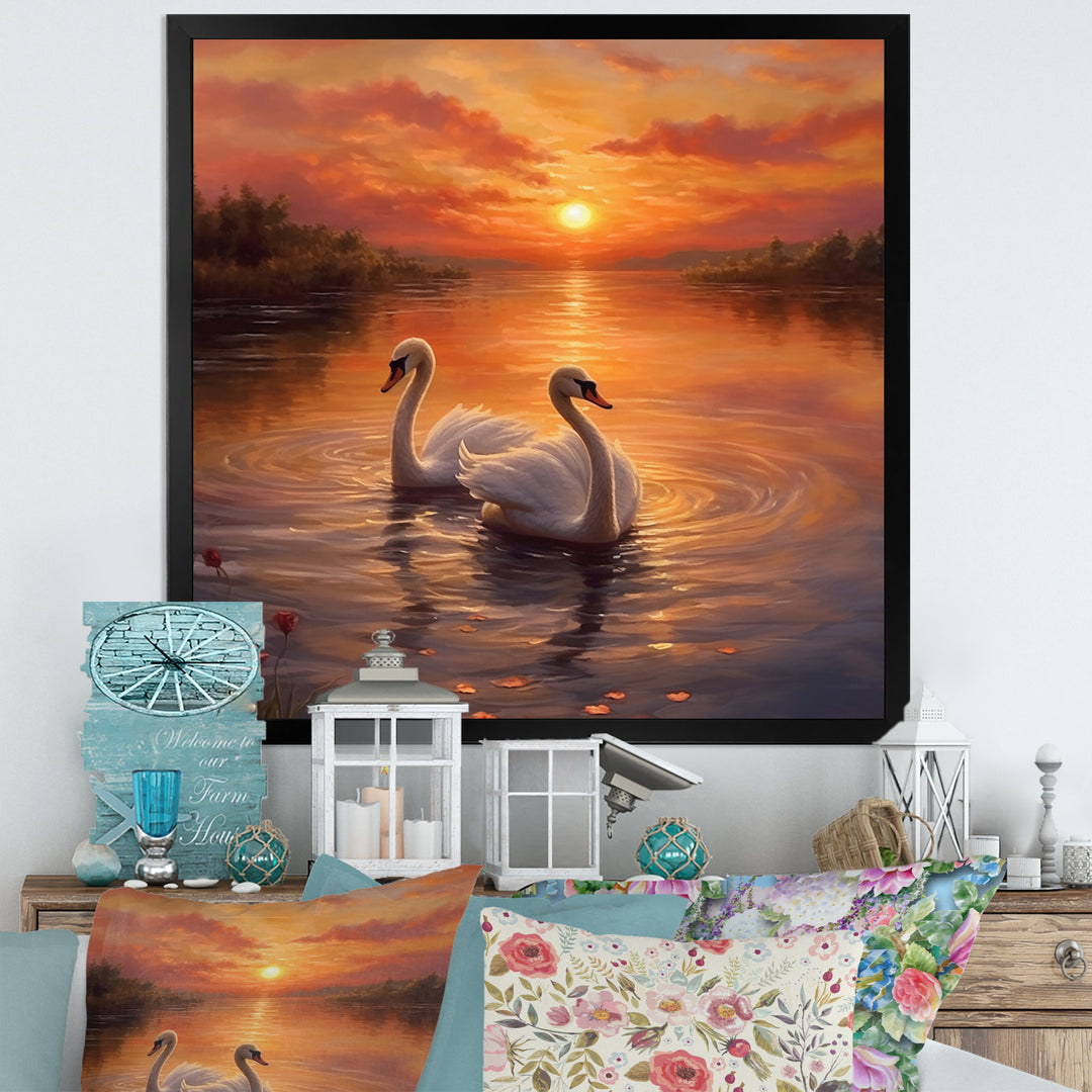 Two White Swans Romantic Sunset - Swans Home Decor Art