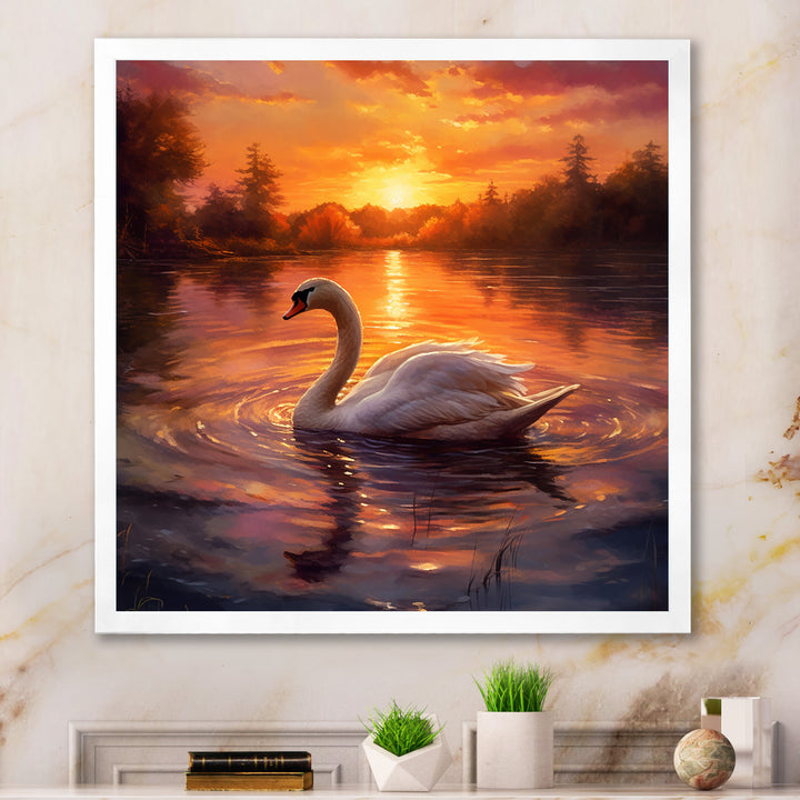 White Swan Romantic Sunset - Swans Living Room Wall Art