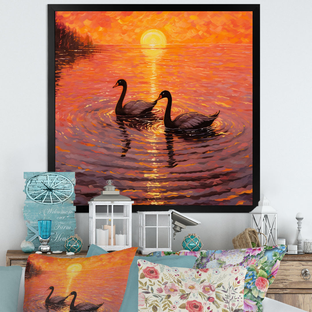 Swans In Love Romantic Sunset - Swans Canvas Wall Art