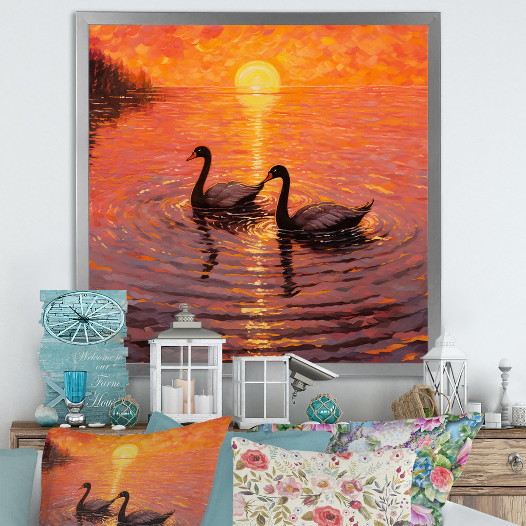 Swans In Love Romantic Sunset - Swans Canvas Wall Art