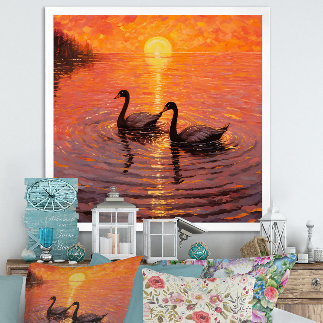 Swans In Love Romantic Sunset - Swans Canvas Wall Art