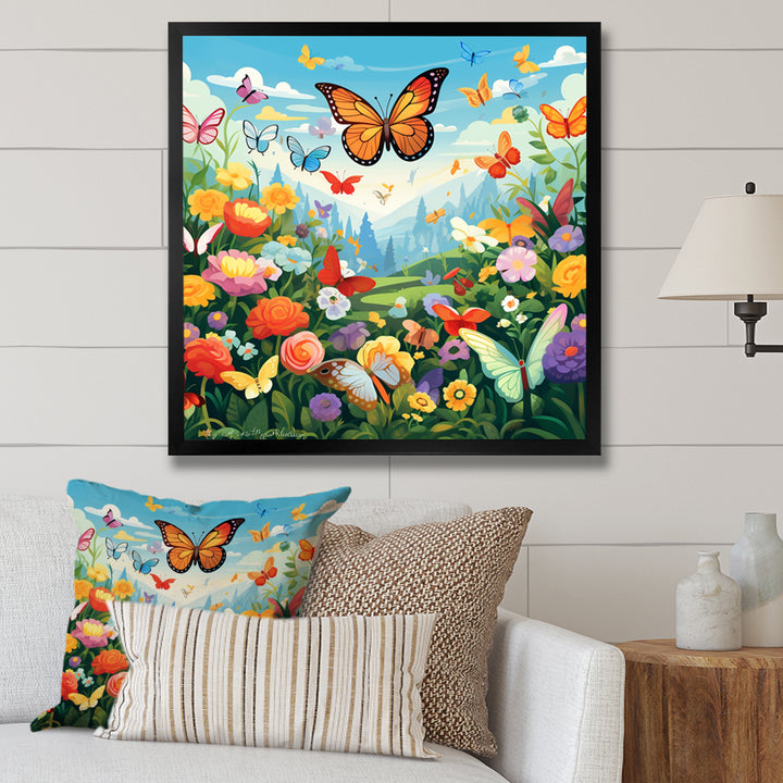 Orange Monarch Butterfly Idyllic Flower field - Butterfly Canvas Wall Art