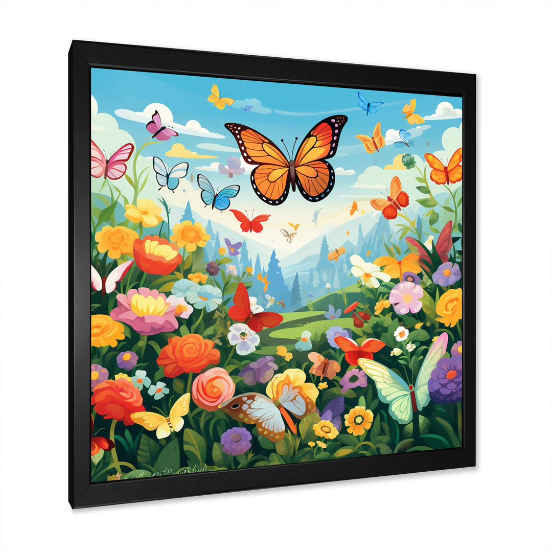 Orange Monarch Butterfly Idyllic Flower field - Butterfly Canvas Wall Art