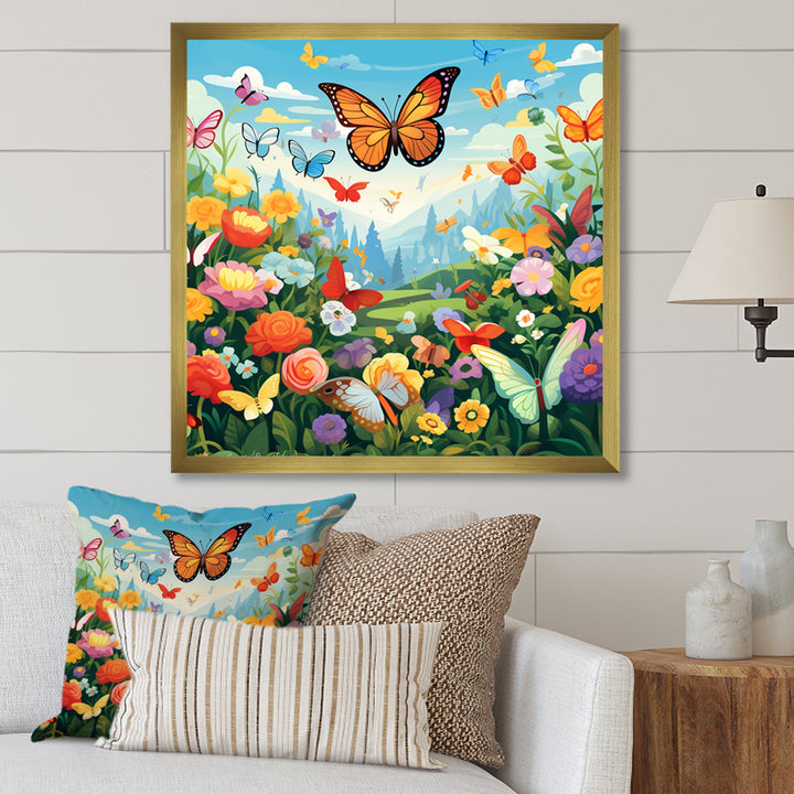 Orange Monarch Butterfly Idyllic Flower field - Butterfly Canvas Wall Art