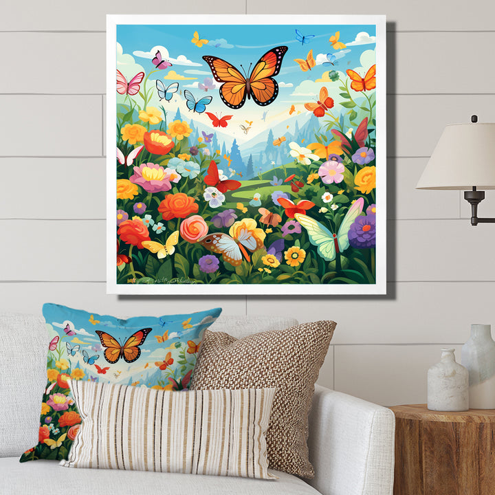 Orange Monarch Butterfly Idyllic Flower field - Butterfly Canvas Wall Art